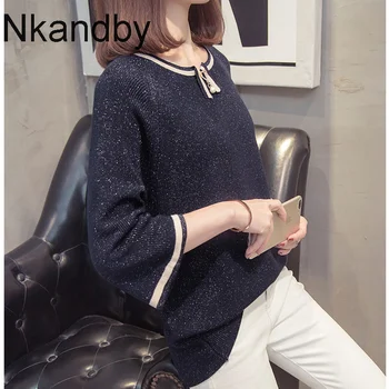 

plus size three quarter sleeve knitted sweaters women 2020 autumn novelty lurex loose korean pullovers jumpers oversize knitwear