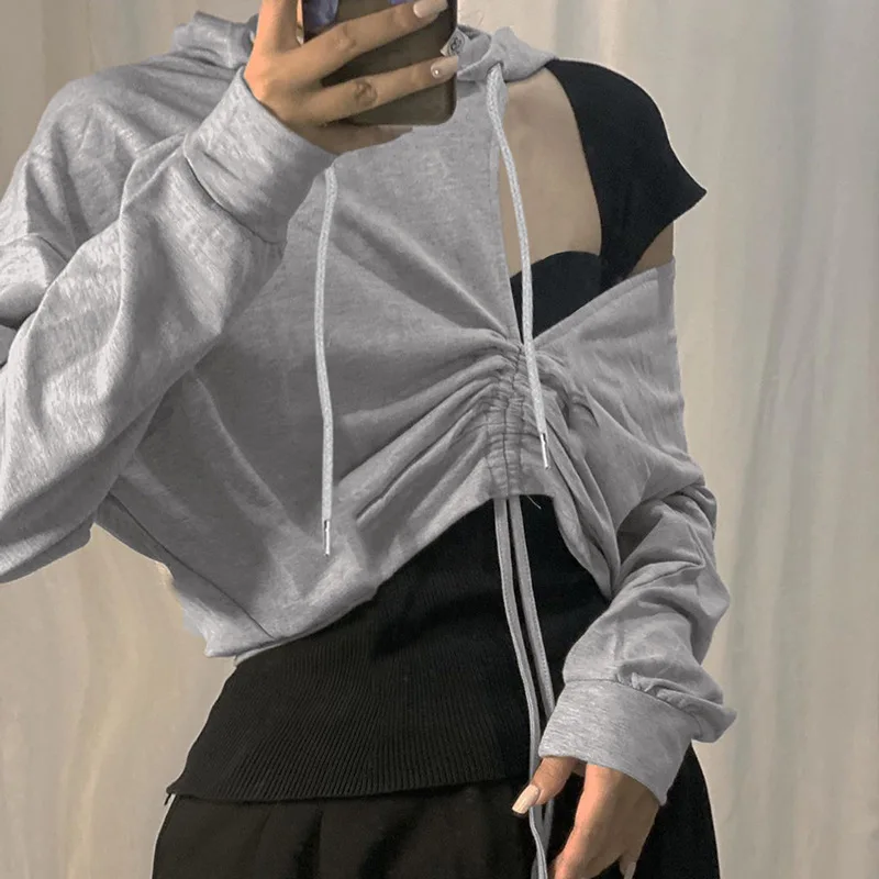 

Fashion 2020 New Arrival Women Hoodies Drawstring Autumn Off One Shoulder Hollow Out Tops Harry Style Female Club Solid Loose