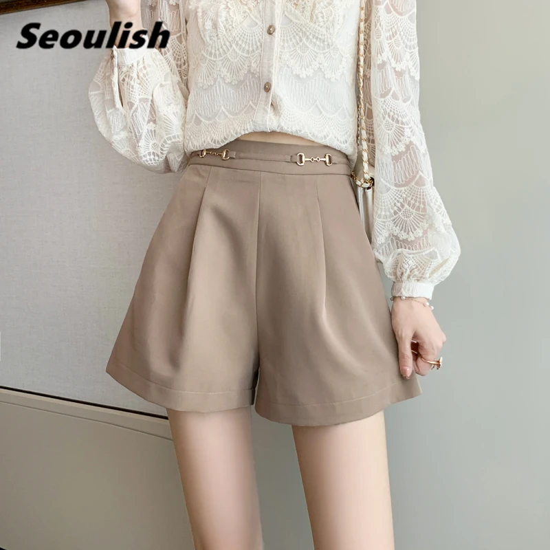 

Seoulish 2021 New Women's Shorts Sashes High Waist Wide Leg Shorts Elegant Female Solid Loose Trousers Pockets Spring Summer