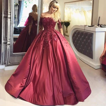 

Burgundy Off the Shoulder Satin Ball Gown Flowers Half Sleeves Prom Dresses Court Train Formal Evening Dress Long Party Gowns