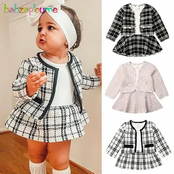 

2Piece/1-5Years/2020 Spring Autumn Baby Girls Boutique Outfits Fashion Plaid Children Coat+Dress For Kids Clothing Set BC1390-1