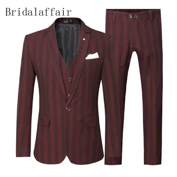 

KUSON Brand Men Suit Stripe 2020 Wedding Suits for Men Shawl Collar 3 Pieces Slim Fit Dark Red Suit Mens Blue Grey Prom Tuxedos