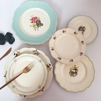 

1PCS ceramic plate Vintage flower pattern Lace design European Simple Household Small Steak dessert kitchen accessories