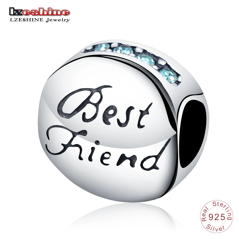 

LZESHINE Best Friend Pure Sterling Silver Charms with Clear Blue CZ fit Original Pandora DIY Bracelets Jewelry Gift for Friends