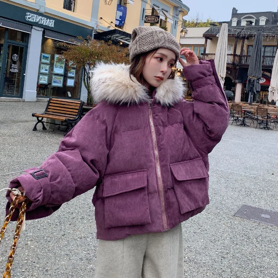 

Photo Shoot Korean-style in Taro Purple Hooded Model Large Fur Collar down Coat Flounced Loose-Fit Short Cotton Overcoat Women's