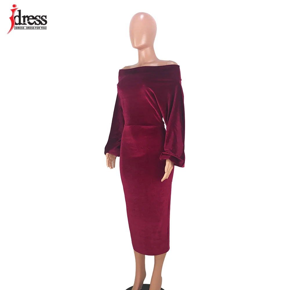 IDress 2020 Sexy Slim Off-Shoulder Nightclub Black Green Red Party Dress Lady Long Sleeve Bodycon Autumn Winter Velvet Dress (4)