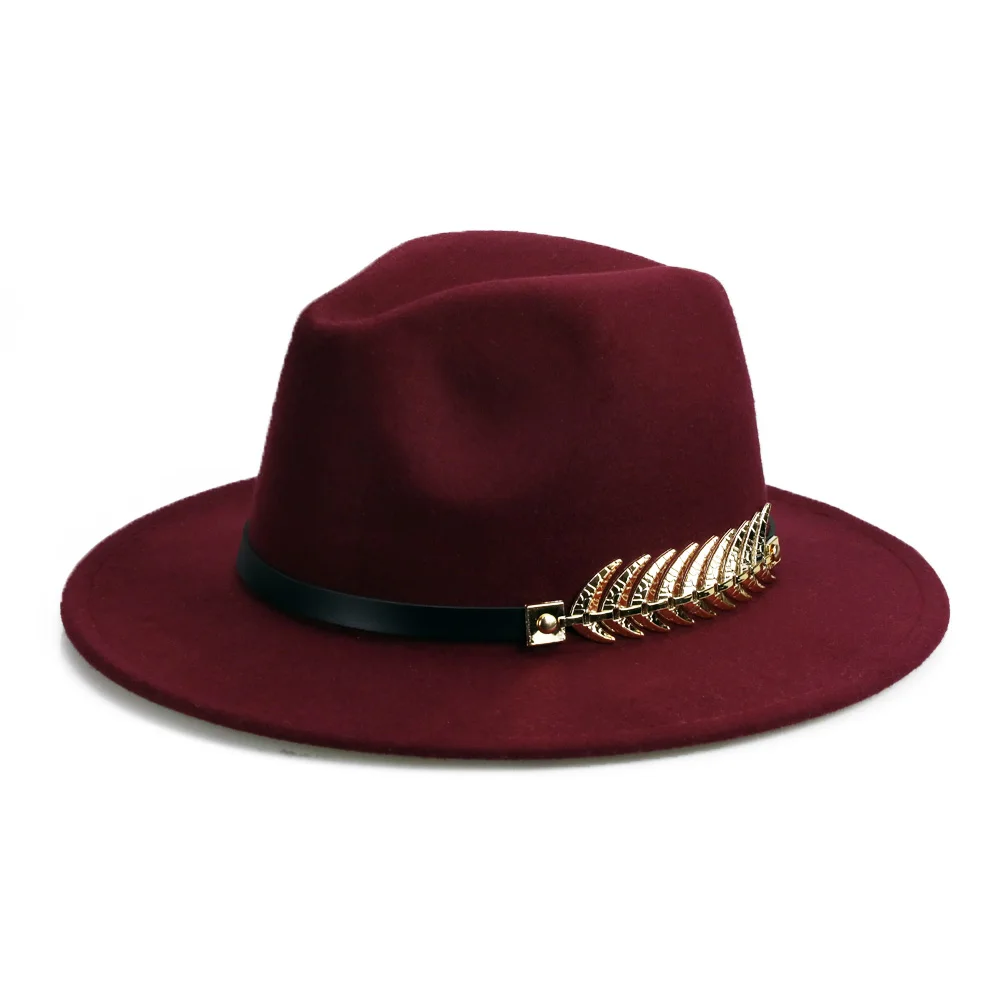 Зимняя фетровая шляпа с металлическим поясом, Женская фетровая шляпа с широкими полями, мужская фетровая шляпа, фетровая шляпа, Панама, кепки, винтажная верхняя шляпа, женская шапка YY18001 - Цвет: Wine trilby hat