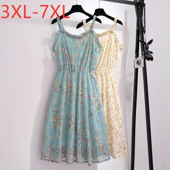 

New summer plus size midi sling dress for women large sleeveless loose floral print suspender dress white green 4XL 5XL 6XL 7XL
