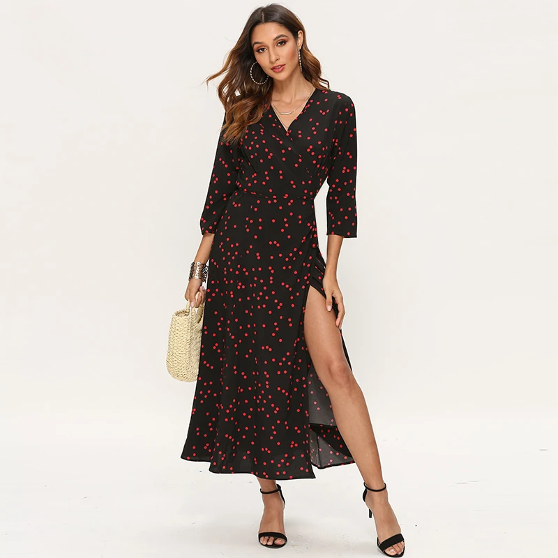 Women Chic Polka Dot Long Maxi Dress 2020 Boho V Neck Split Party Three Quarter Sleeve Casual Wrap Dresses Vestidos Mujer | Женская