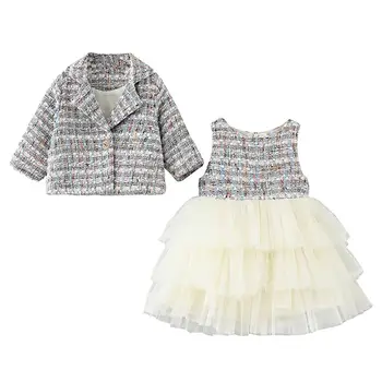 

Famuka Spring Baby Girls Dress Clothing Sets Toddler Girls Blazer Clothes Sets Baby Lace Dress +Long-sleeved Plaid Cardigan 2pcs