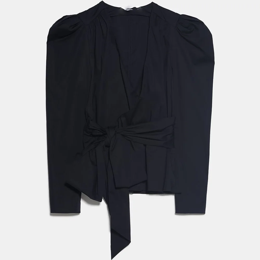 ZA Элегантная черная тонкая рубашка с бантом для женщин, новинка, офисные женские уличные модные простые рубашки с v-образным вырезом Вечерние, подарок высокого качества - Цвет: Black
