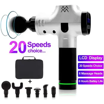 

Deep Tissue Percussion Massage Gun HandHeld Cordless Silver Full Body Muscle Massager 6 Heads 20 Speed LCD Display Touch Control