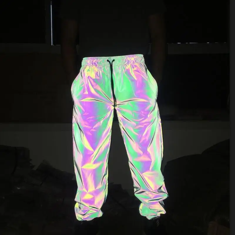 

Spring autumn colorful shiny reflective streetwear hip hop joggers homme sweatpants casual vintage punk men pants