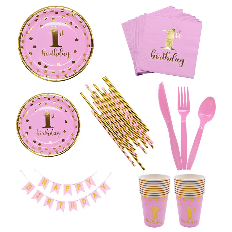 Baby 1st Birthday Party Disposable Tableware Pink Blue Plate Cup Napkin One Year First Birthday Party Table Decor Baby Shower  (3)