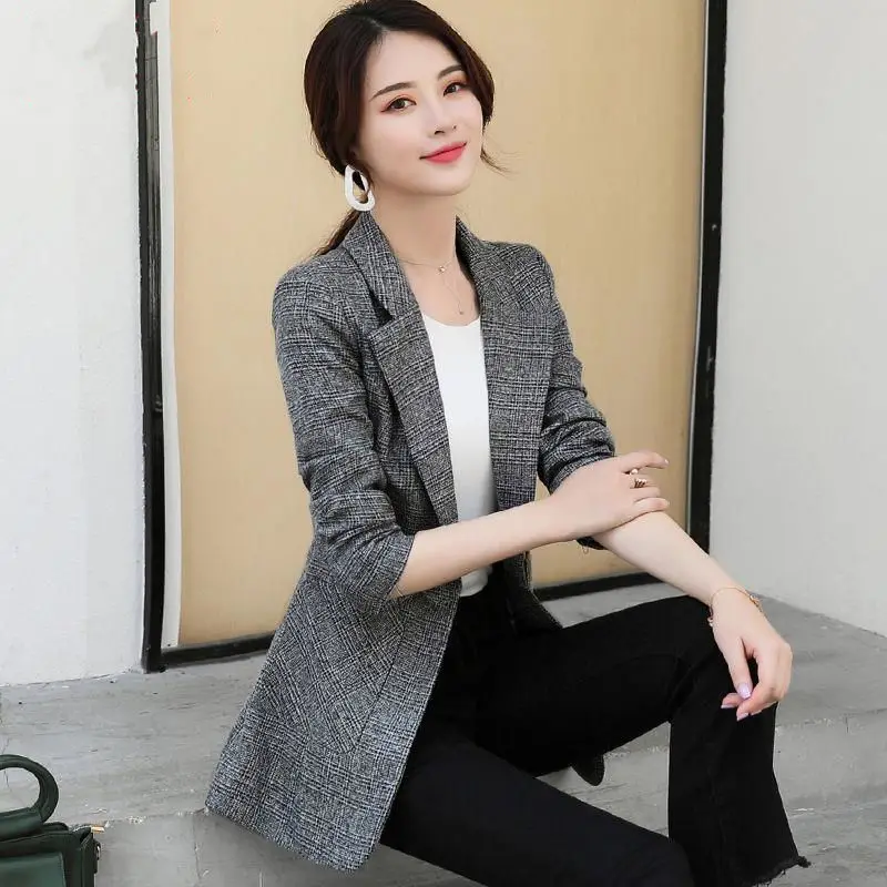 Vangull Women Autumn Plaid Blazer Spring Long Sleeve Slim Checked Coat Formal Jacket Office Suit Lady Outerwear Plus size XXXXL