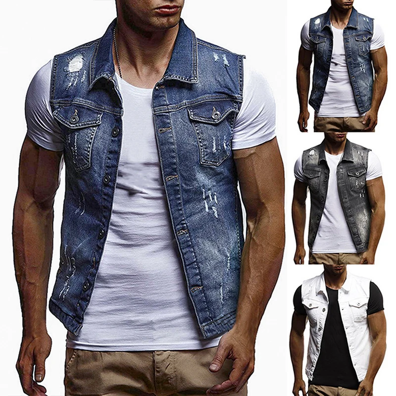 Men's Sleeveless Jeans Jacket Vest Coats Autumn Cowboy Waist Coat Denim Jeans Vest Hip Hop Streetwears Pocket Fashion Vest