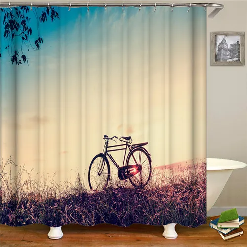 

Solid Color Natural Scenery Bicycle Shower Curtain Polyester Fabric For Bathroom Waterproof Bath Screen Curtains Home Decoration