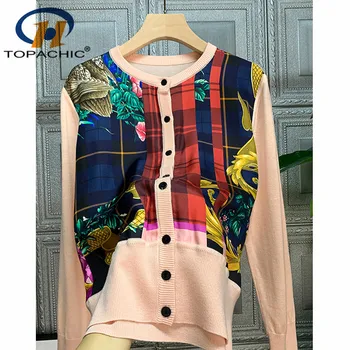 

12.13 New Fashion Loose Casual Silk Contrast color print patchwork Single breasted long sleeve knitted Wool cardigan Women