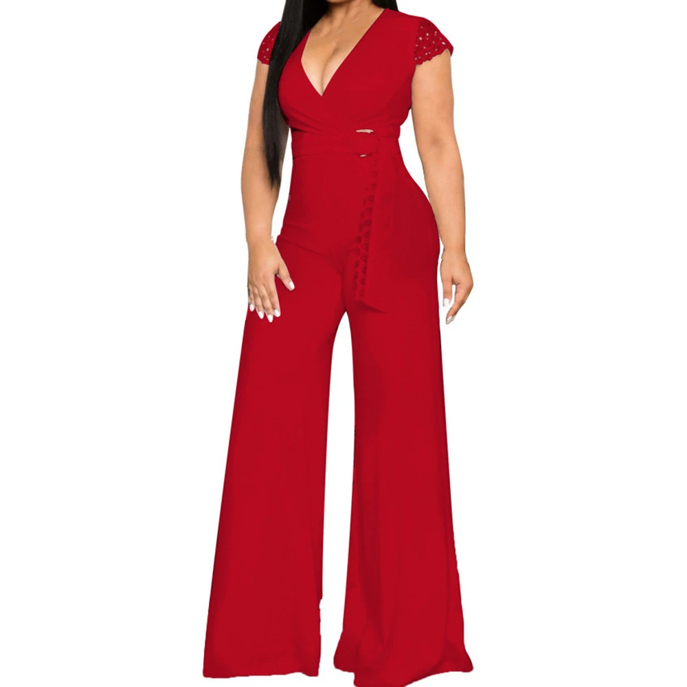 

Summer Casual Office Ladies Fashion Overalls Elegant Women High Waist Wide Leg Playsuits Casual Rompers Plus Size XXL Mono