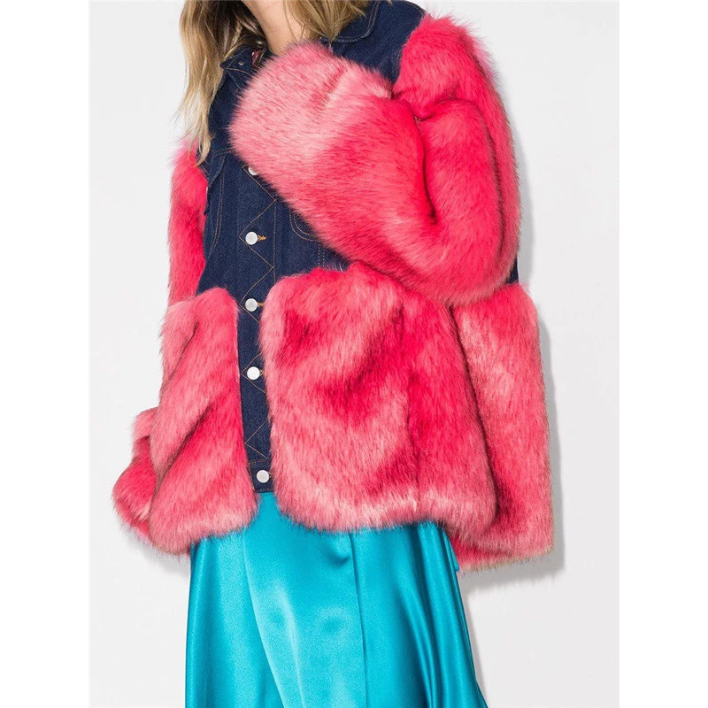 

!!! 11.11 Hot Sale Winter Faux Denim Contrast Color Patchwork Jacket Coat Women Fashion Luxury Keep Warm Fur Outerwear