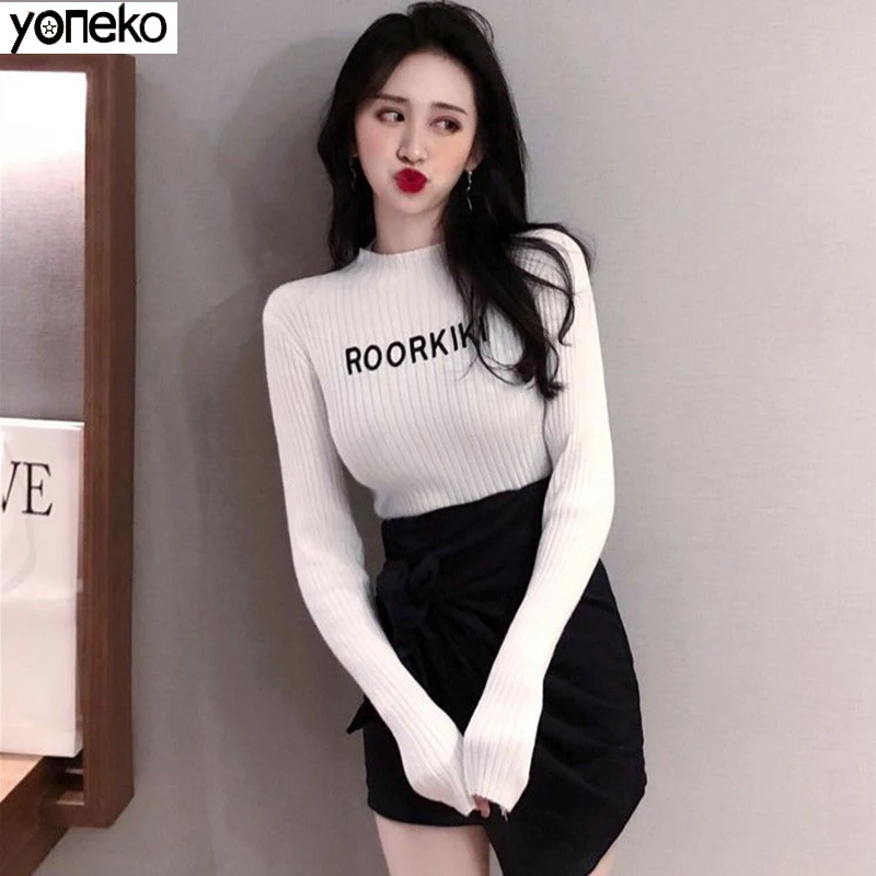 

Knitted Sweater Spring Autumn Women's Sweater New Basic Elasticity Half High Collar Letter Bottoming Sweater Jumper Female KM635