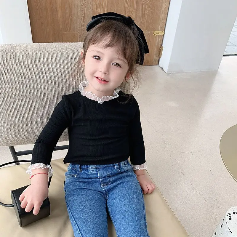 

Chidlren Shirt Autumn Girl's Blouse Lovely Ear-fringed Doll Neck Long Sleeve Clothes Lace Top T-shirt Outfit