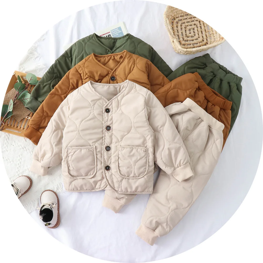 

2019 Winter New Style Korean-style Thick Cotton-padded Clothes Solid Color Rhombus Cotton Coat Set Men And Women Baby down Coat