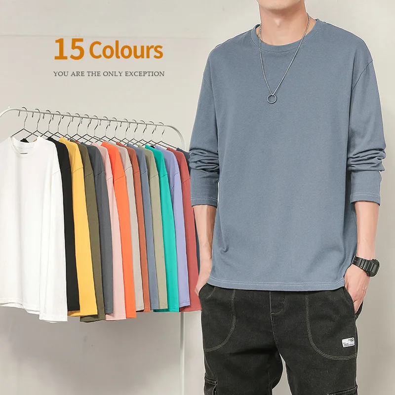 

100% Cotton Four Seasons Long Sleeve T Shirt Men's T Shirt Men's Bottom Shirt Solid Color Loose Super Dalian Hoodie Top Coat 5XL