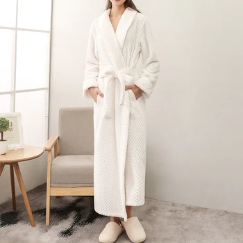 

Women Men Extra Long Warm Dobby Coral Fleece Bathrobe Winter Thick Flannel Thermal Bath Robe Kimono Dressing Gown Peignoir
