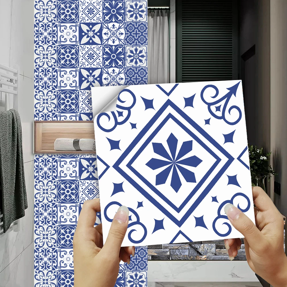 10/15/20cm Mediterranean Blue Tiles Wall Sticker Kitchen Backsplash Bathroom Wardrobe Peel & Stick Matte Surface Wallpaper