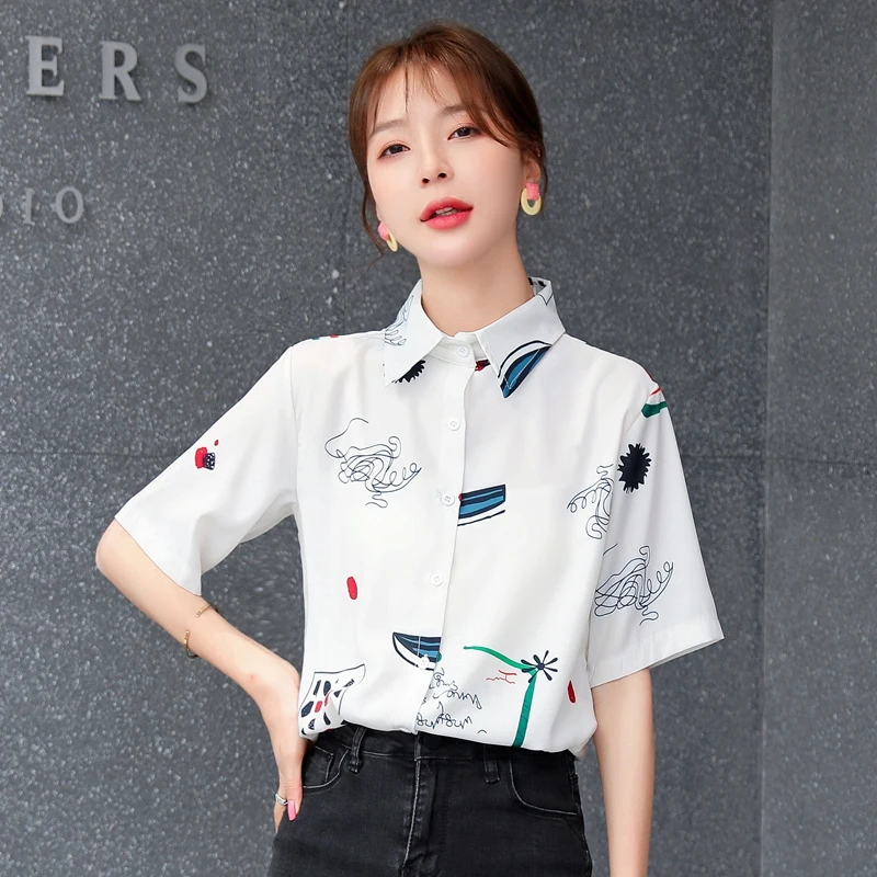 

Chiffon Shirt Female 2020 Summer New Loose Fashion Printing Foreign Style Hong Kong Flavor Playful Tops Blouse Women