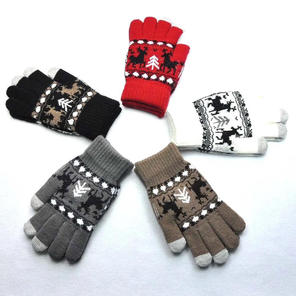 Зимние теплые вязаные перчатки унисекс, теплые перчатки для рук, для сенсорного экрана, смартфона, женские перчатки, полный палец, Рождественский принт, варежки