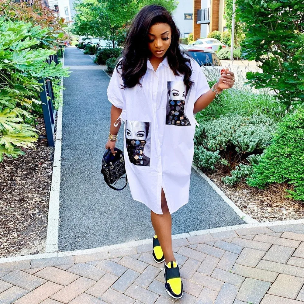 Европейская мода, рубашка с принтом, свободное платье, женское платье с отложным воротником и рукавом средней длины, уличное модное мини-платье