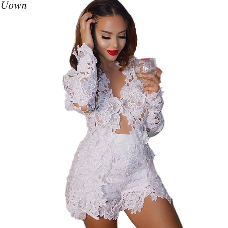 

Summer Autumn Sexy Women Two Piece Sets Women Hollow Out White Lace Floral Deep V Neck Long Sleeve Top and Short Pant Suits