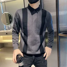 

Autumn and Winter Style Classic Men Sweater Business Leisure Lapel Stripe Men's Fashion Boom Handsome Fashion False Two Sweaters