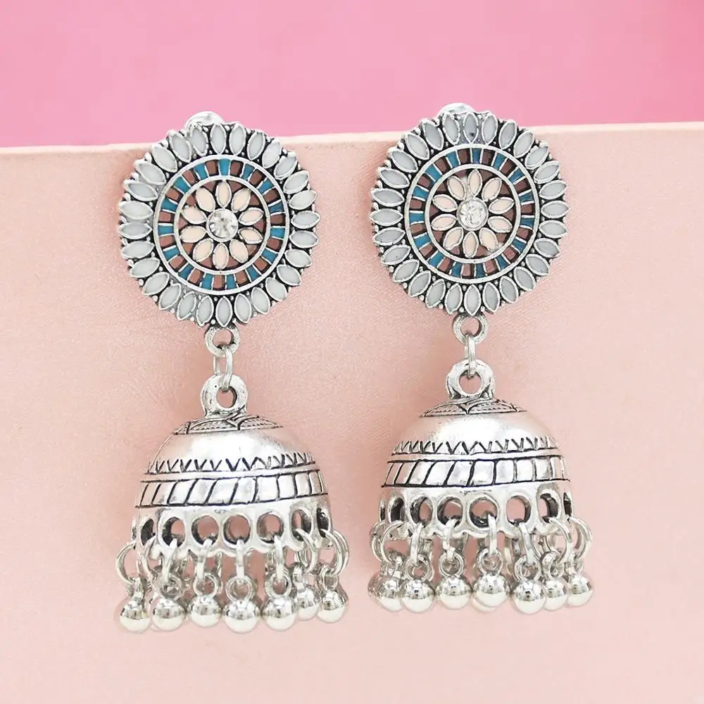 Горячая индийский павлин окисленные серьги с полым цветком Jhumka jhumki цвет для
