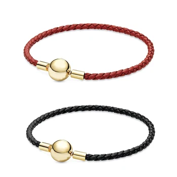 

2019 NEW 100% 925 Sterling Silver Moments Red Black Woven Leather Bracelet Fit Charm Women Original Fashion Gift Jewelry