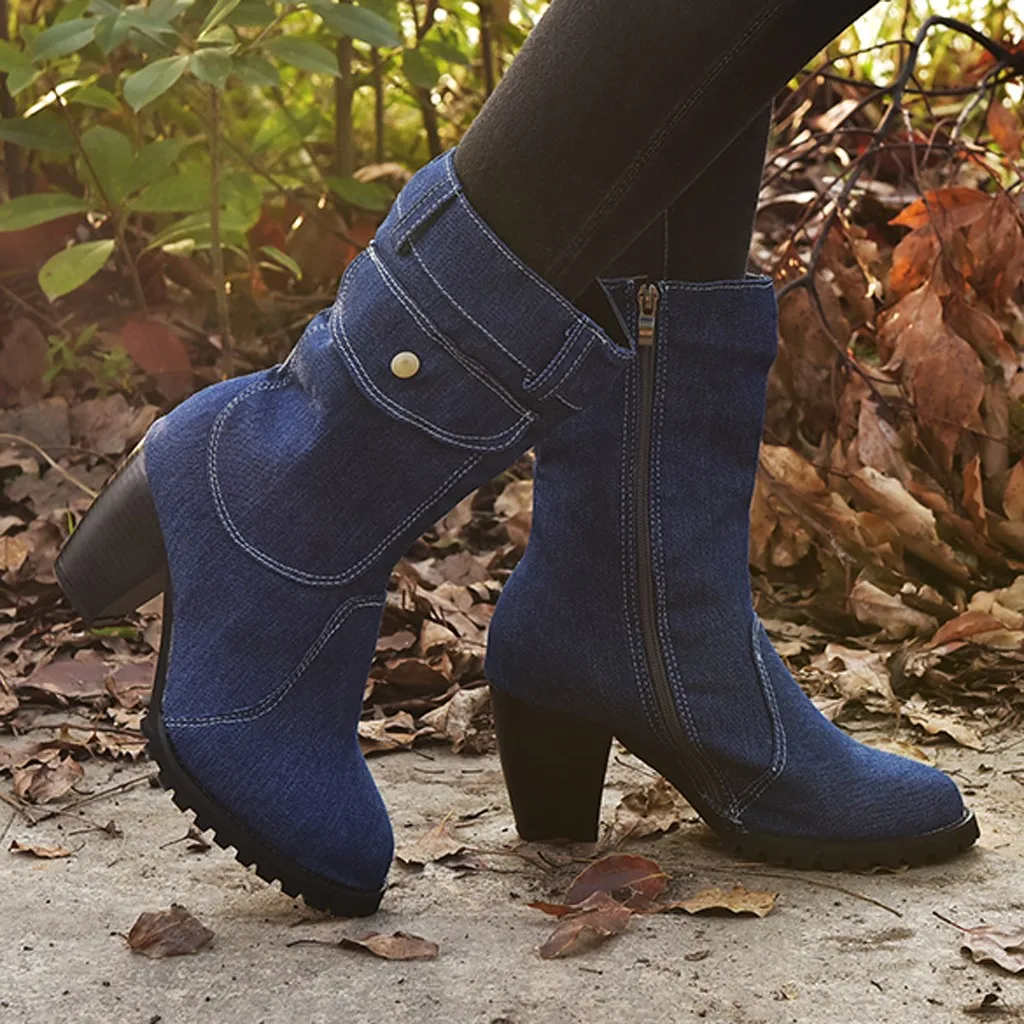 Fashion Women Boots European American Style Large Size High Heel Denim Mid-Tube Platform Women's Winter Warm Boots Plus Size 40