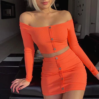 

Hot Sale Open Navel Short 2-piece Commuter Single-breasted Orange High Waist 2019 Sexy Summer Suit Skirt