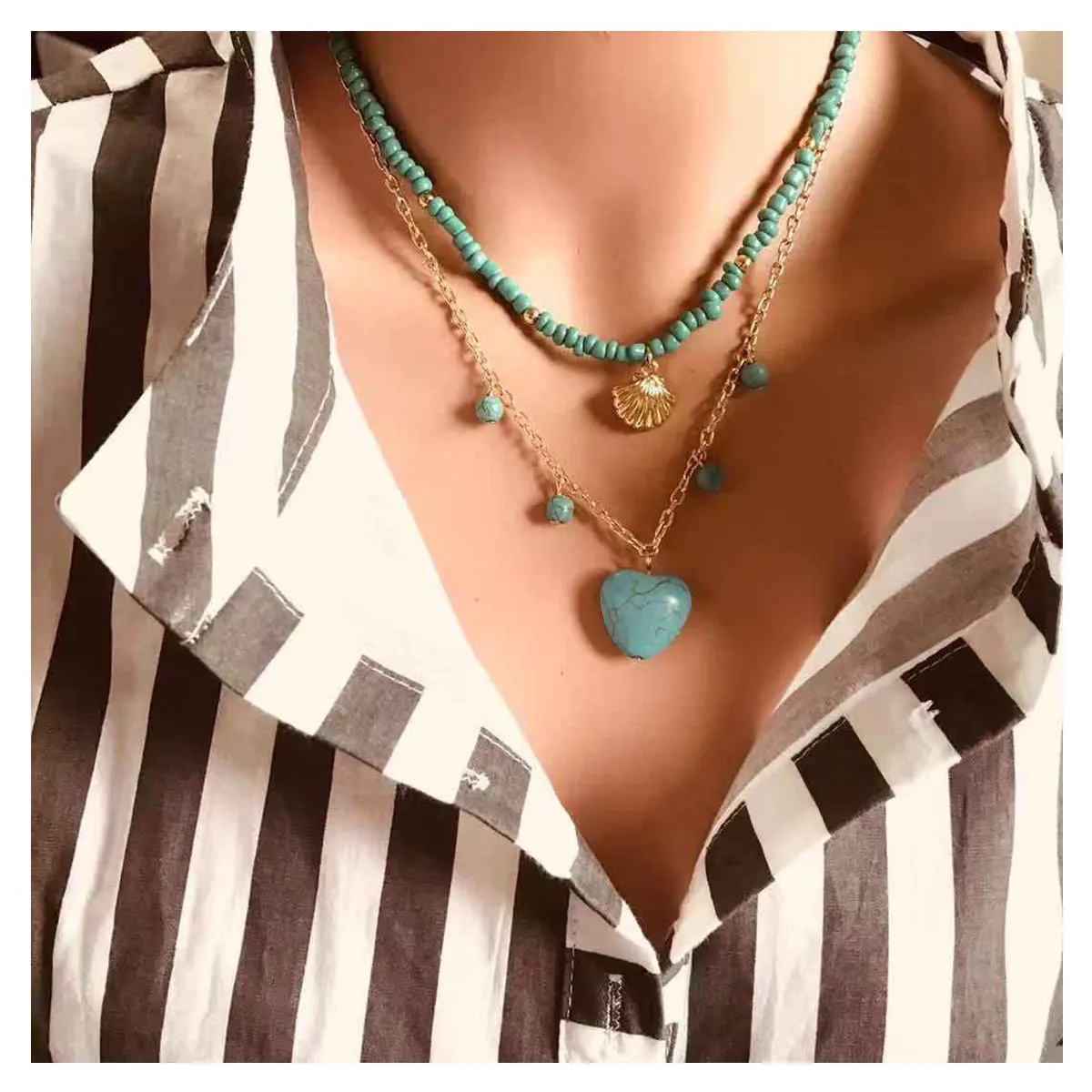 

2019 Bohemian Summer Big Statement Blue Stone Choker Necklace Fashion Women Girl Gold Chain Multilayer Chocker Necklace Jewelry