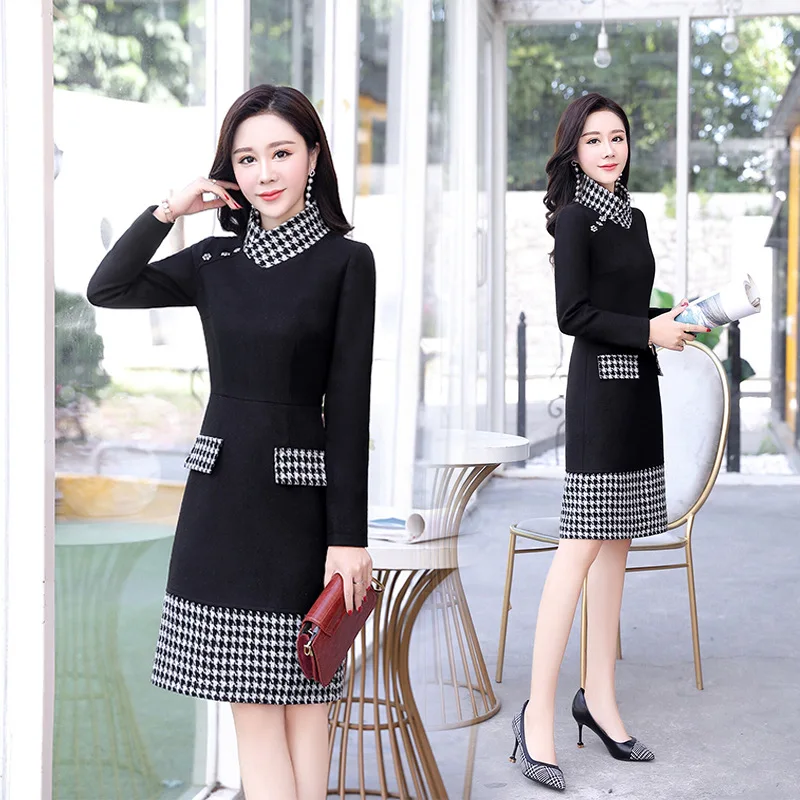 

Black And White with Pattern Dress Women's Spring And Autumn 2019 New Style WOMEN'S Dress Debutante Elegant Ol Career Sheath Ski