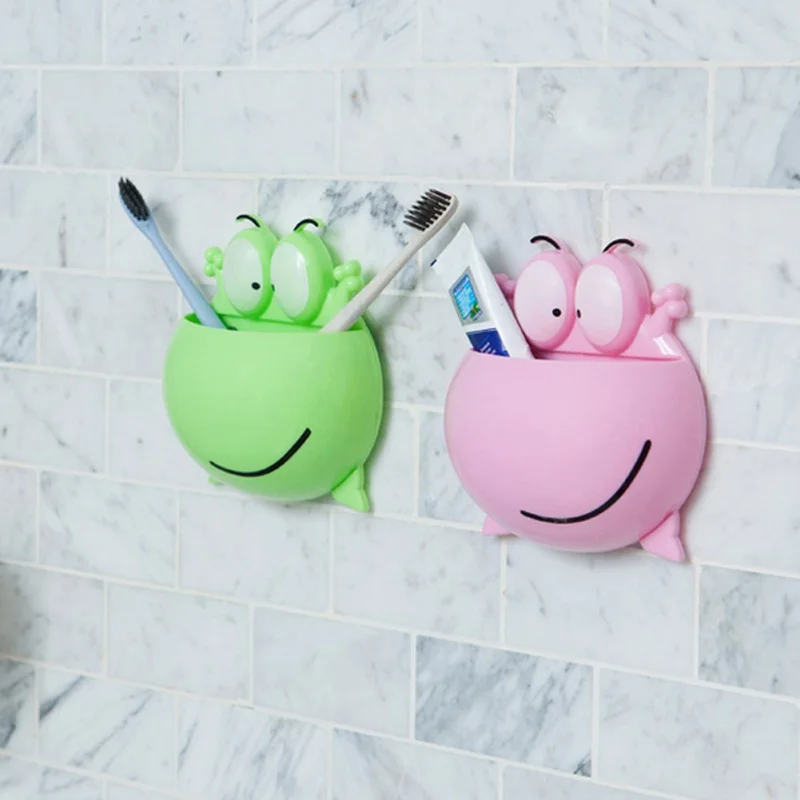 Cute Frog Toothbrush Holder Bathroom Kitchen Toothbrush Toothpaste Storage Rack Multi-functional Wall Suction Storage Cup