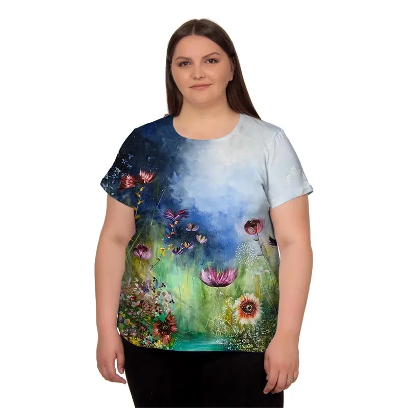 

Flowers Digital 3D Printing T Shirt Plus Size Summer Women T Shirt Fashion Casual O-Neck Trend Short Sleeve High Quality Tees