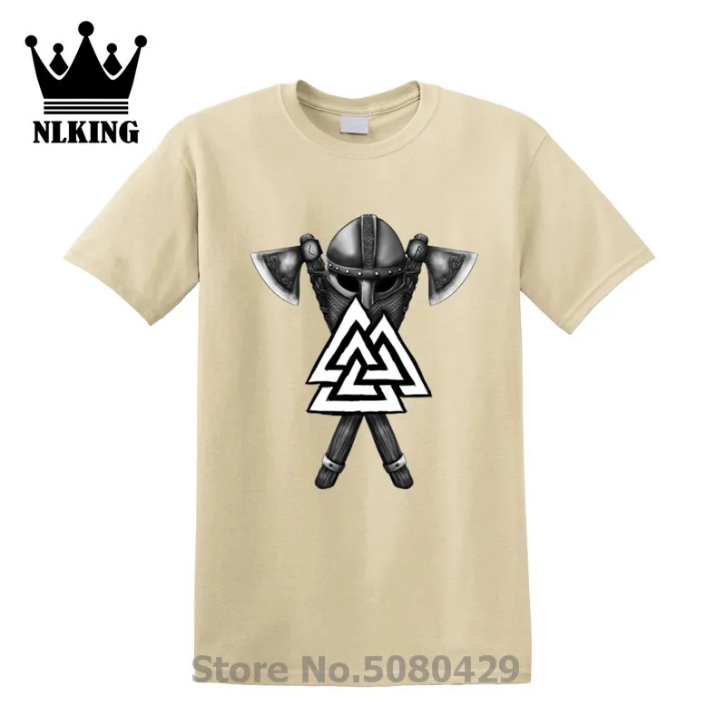 

Short Cotton T-Shirt men Hipster wood Streetwear Classic Viking helmet and axes hand drawn tshirt Valknut Viking Warrior T-Shirt