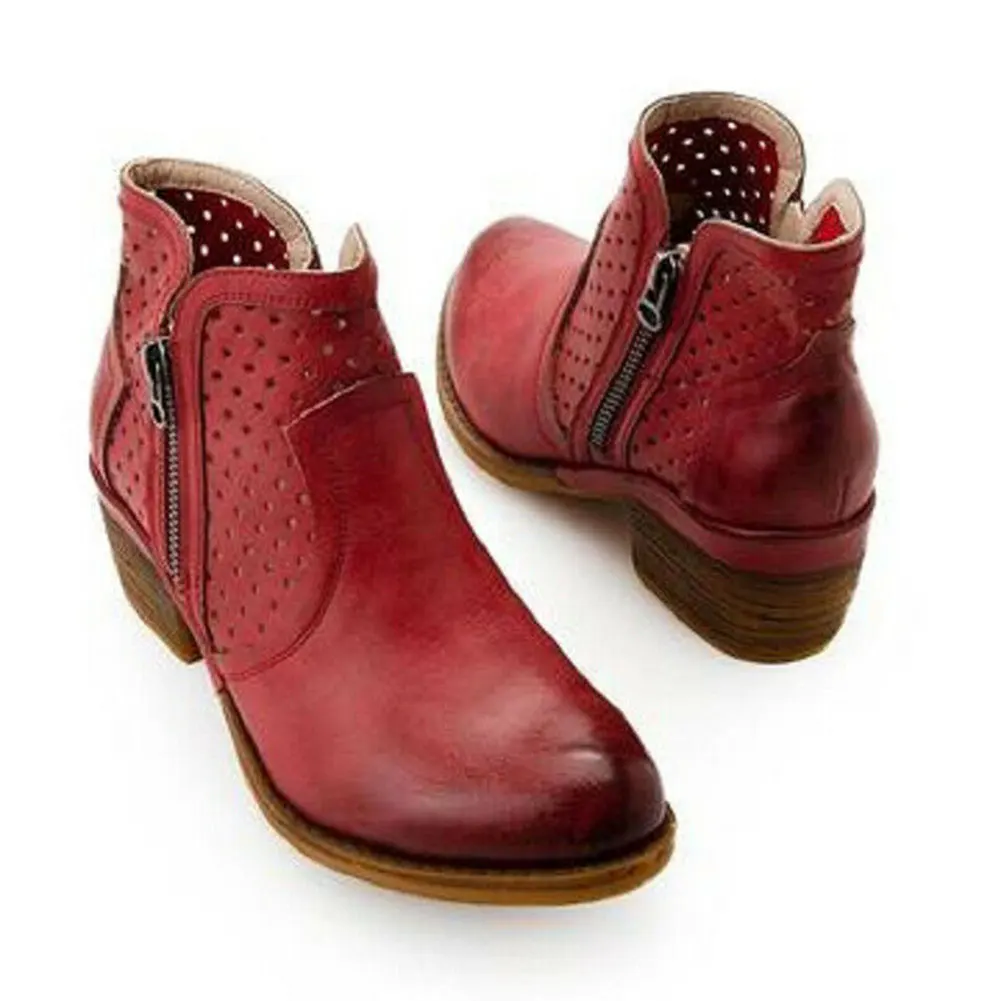 Women Ankle Boots Low Chunky Heel Side Zipper Travel Leather Shoes ASD88