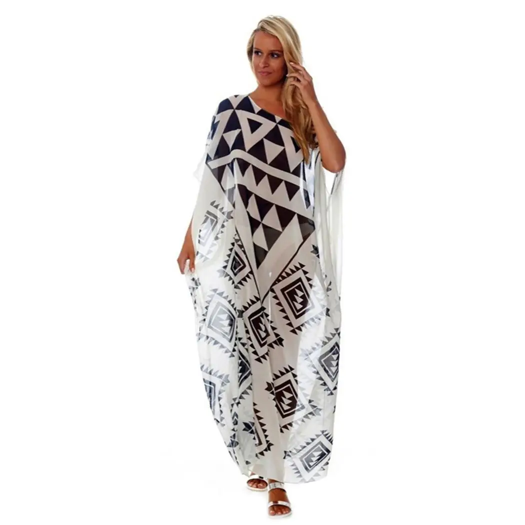 

Women Off Shoulder Middle Sleeve Plaid Beach Fashion Summer Bikini Cover Full Length Up Black White