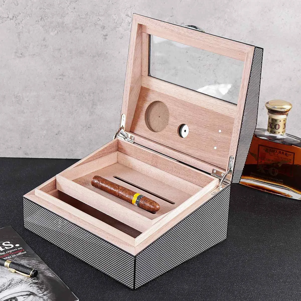 

50 Count Wooden Cigar Box Humidor Humidifier Bin Hygrometer Cutter For Home Travel Dust-proof Cigar Accessories Organizer