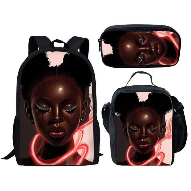 WHEREISART Kids Backpack Girls for School Black Art African Girls Design Bagpack Children 3pcs/set Schoolbag Bookbag Mochila - Цвет: YQ4588CGK