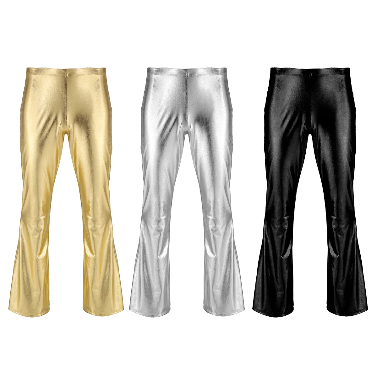 YiZYiF Men Shiny Metallic Disco Pants Bell Bottom Flared Long Pants Dude Costume Trousers Men's Flare Flared Bell