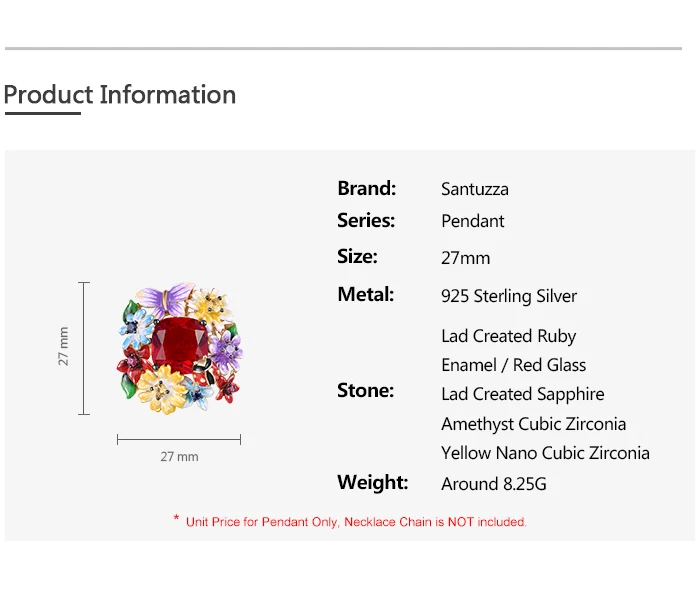 SANTUZZA Pure 925 Sterling Silver Pendant For Women Red Stone Colorful Flowers Butterfly Ladybug Fine Jewelry HANDMADE Enamel